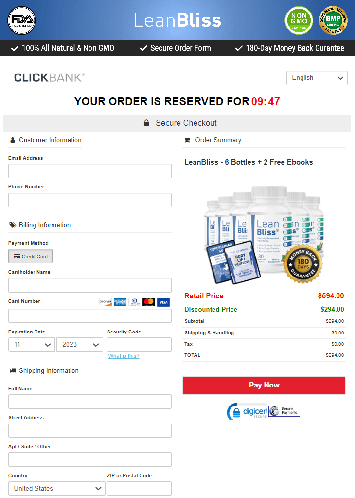 LeanBliss order page